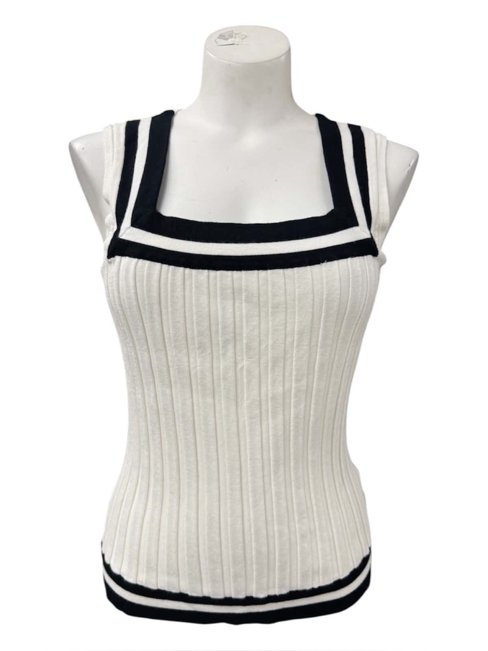 Belldini White Ribbed Tank with Black Square-Neck Trim Size L